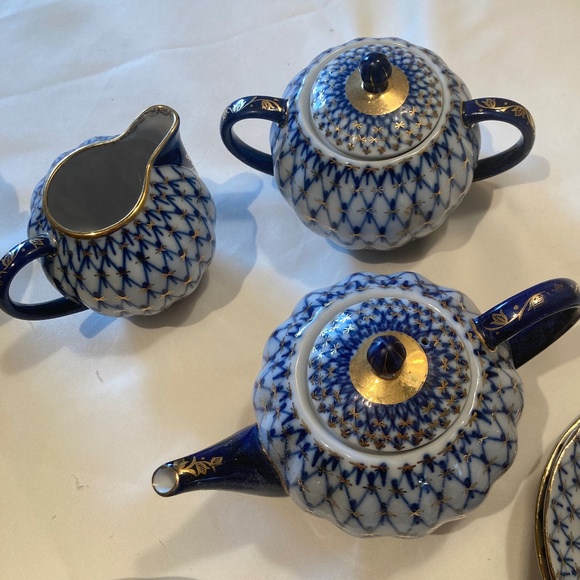 Lomonosov Imperial Porcelain Cobalt Net tea set 21 pc - Picture 3 of 11